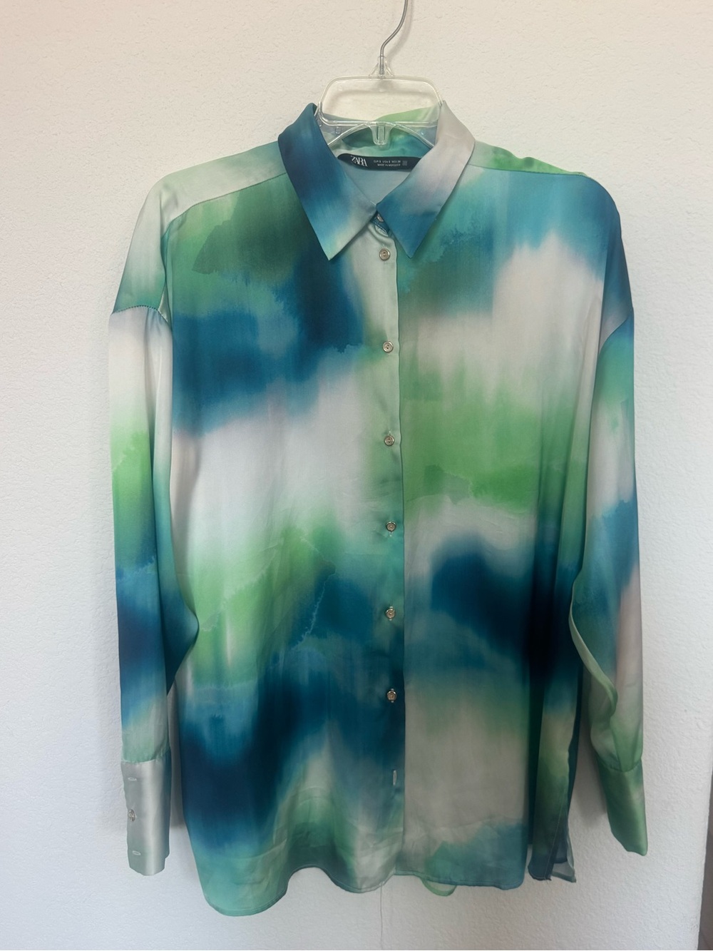 Zara Green Blue White Watercolor Button-Down Blouse